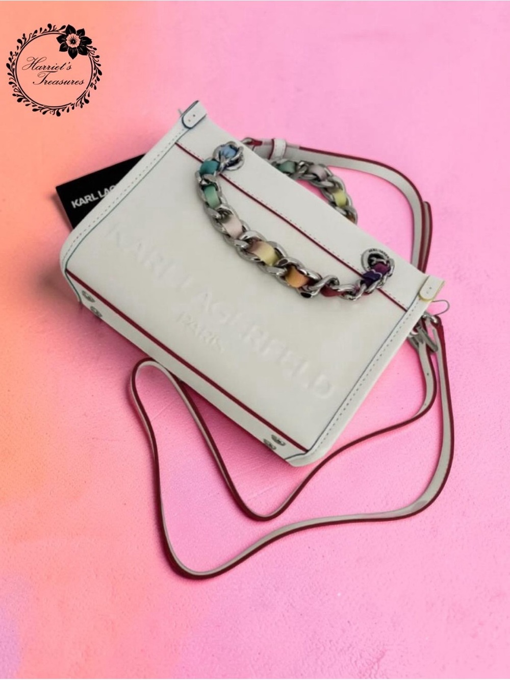 Karl Lagerfeld White Leather Crossbody with Multicolor Chain Accent